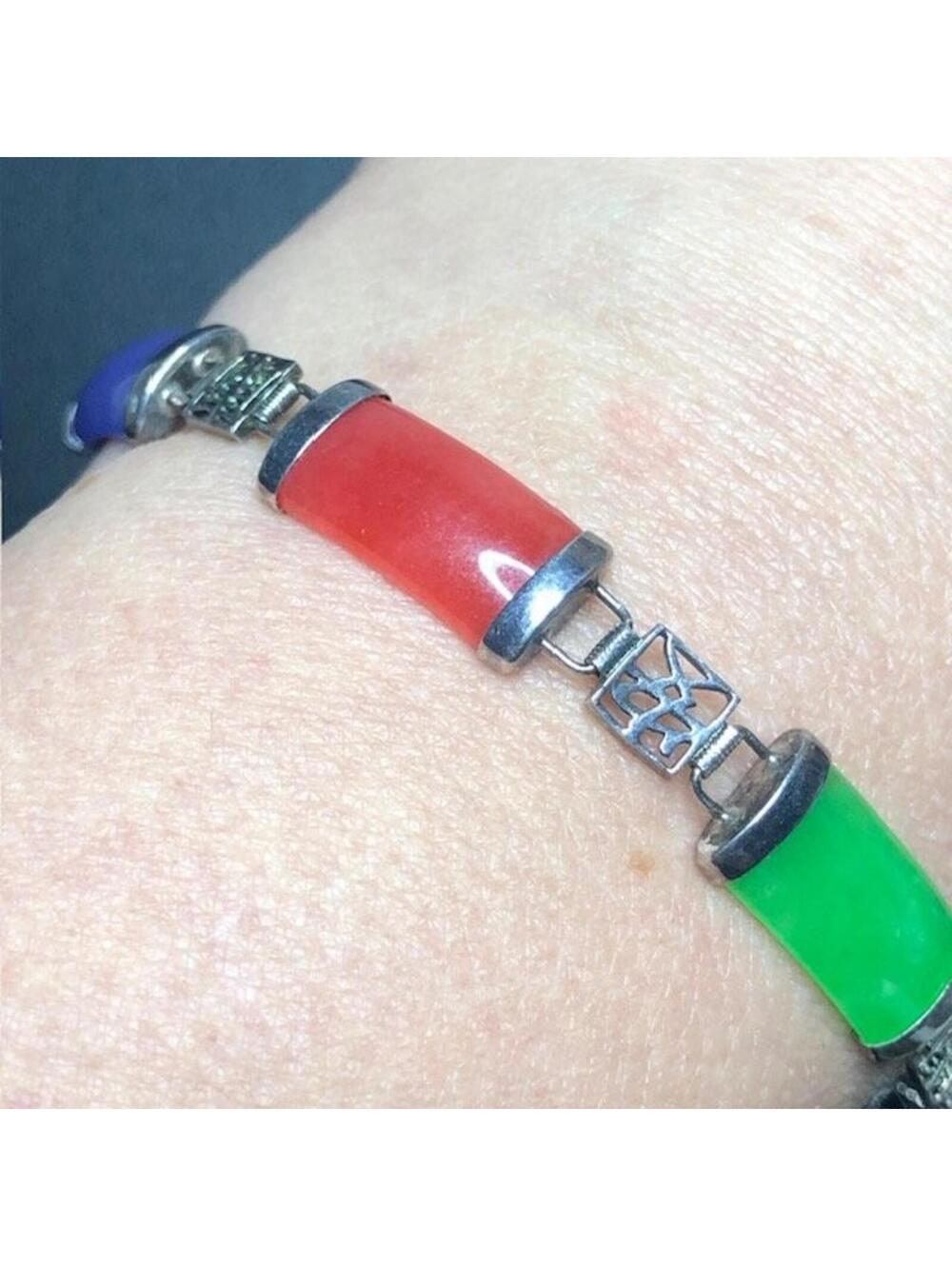 8783 Vintage Sterling Silver Multi-Color Jade Panel Bracelet 7.5" 10.2grams